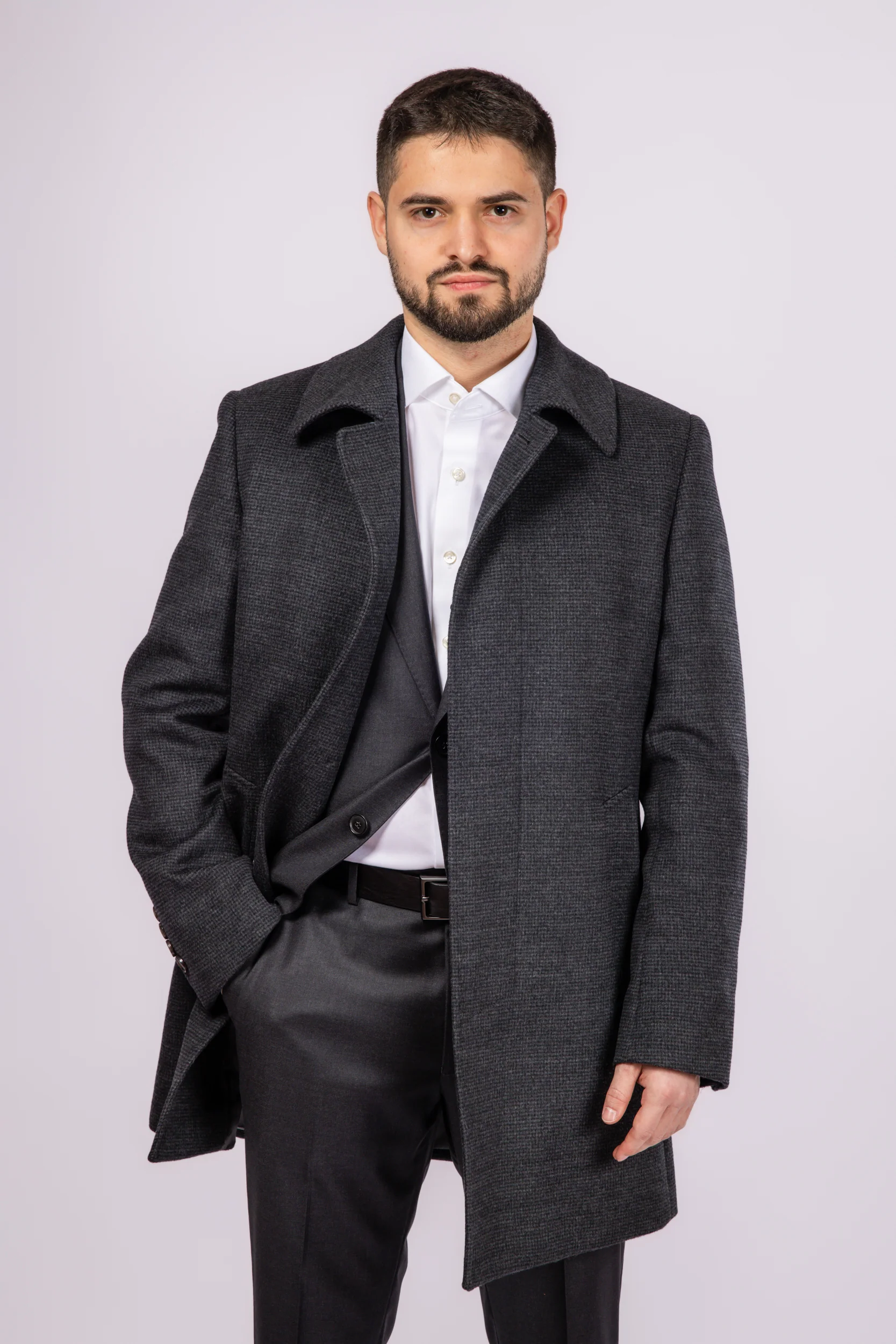 Grey Check Collared Wool Car Coat - Image 3