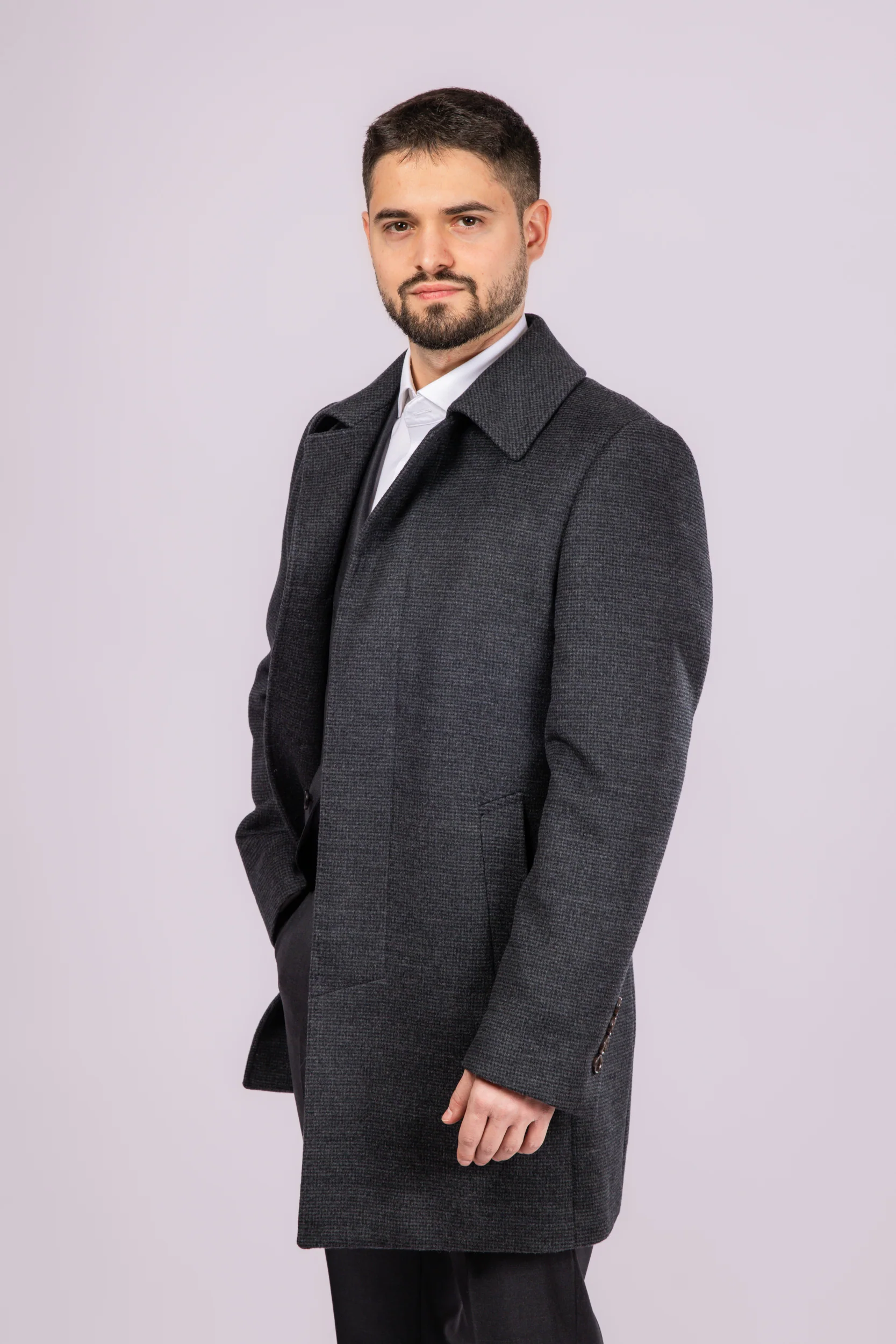 Grey Check Collared Wool Car Coat - Image 4