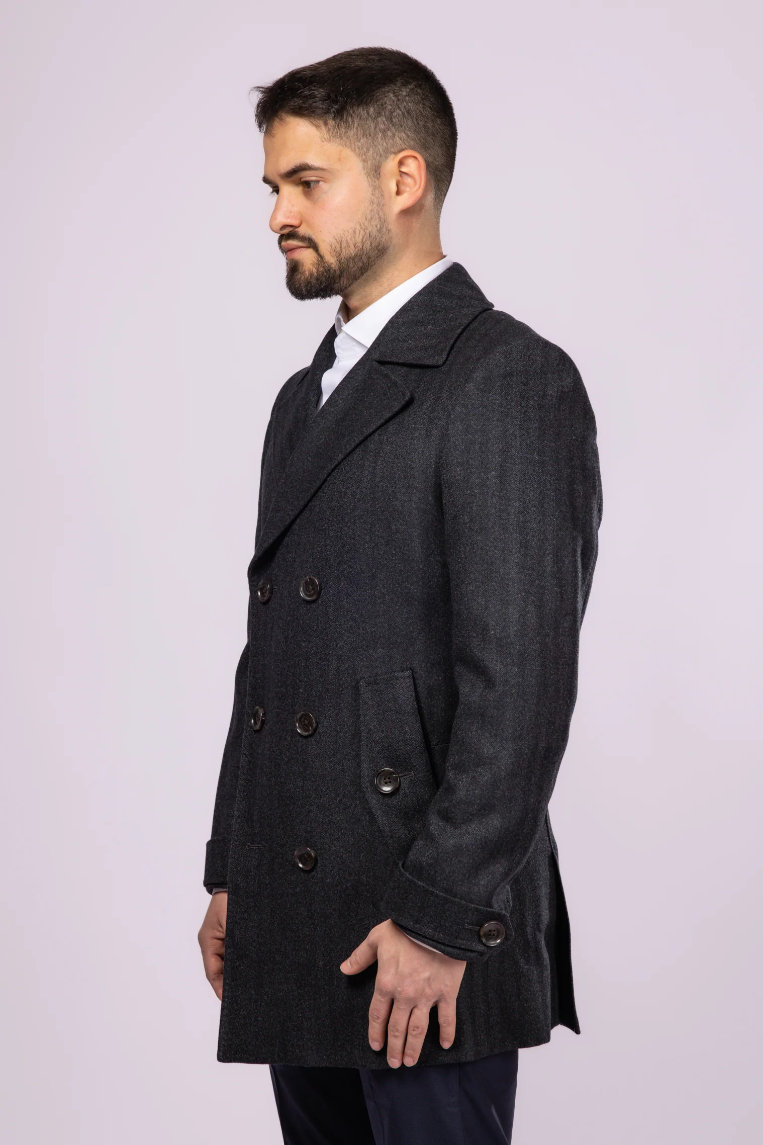 Grey Herringbone Wool Peacoat - Image 3
